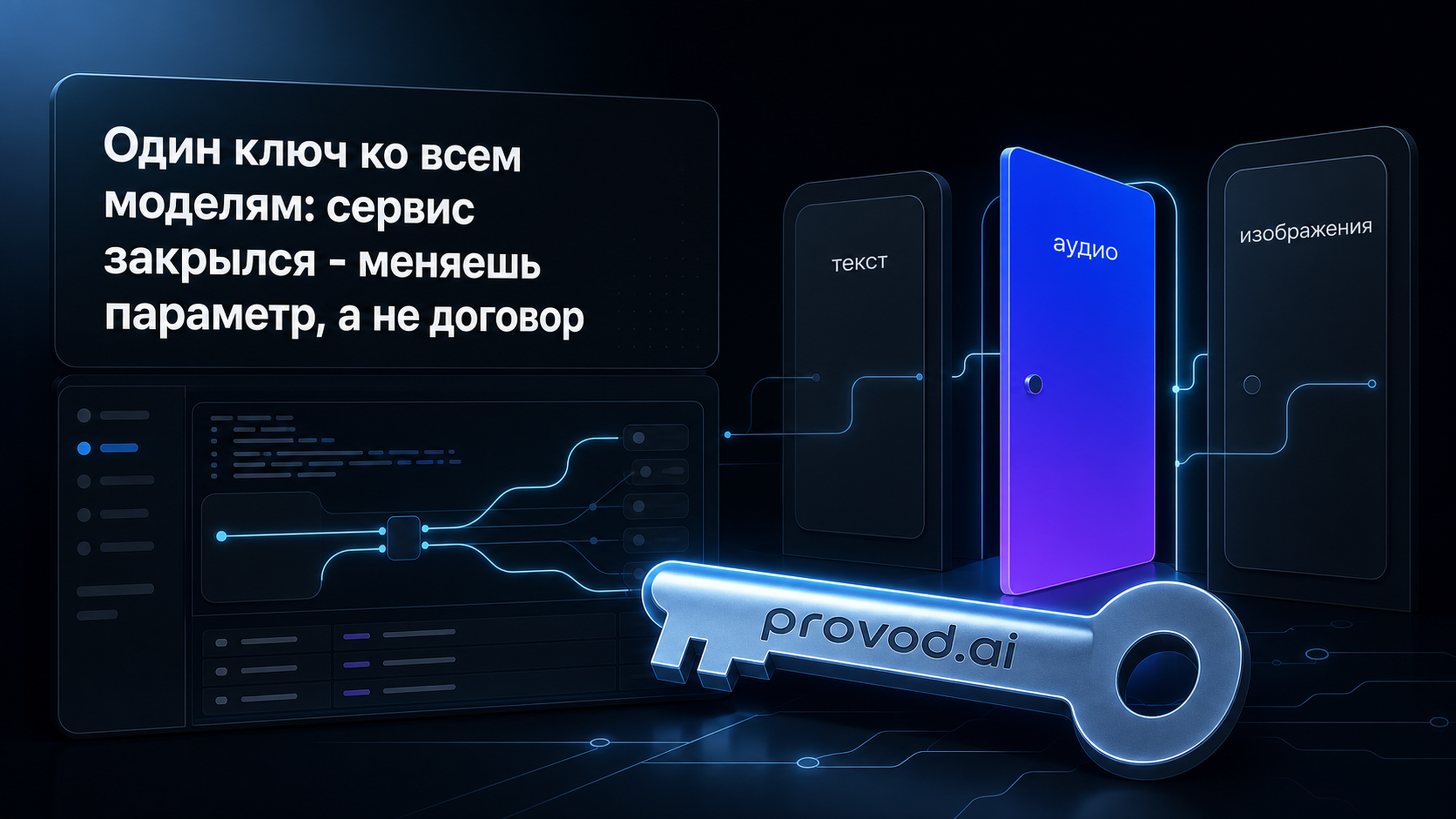Один API-ключ provod.ai открывает модели для текста, аудио и изображений